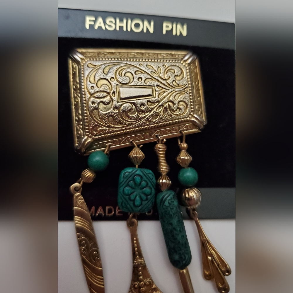 Unique Artsy Pin**Turquoise & Gold Dangles**New - Picture 3 of 3
